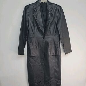 Vtg Newport News Laser Cut Black Leather Trench Coat Sz Small ~Lined